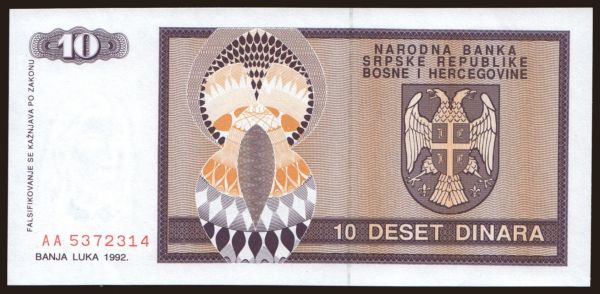 Európa, Bosnia-Hercegovina: RSBH, 10 dinara, 1992