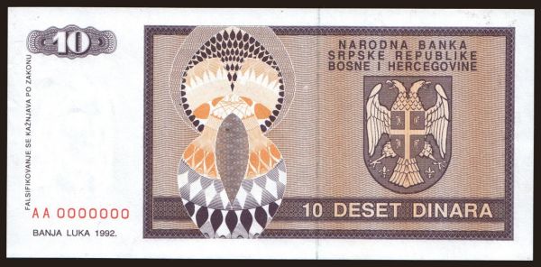 Európa, Bosnia-Hercegovina: RSBH, 10 dinara, 1992