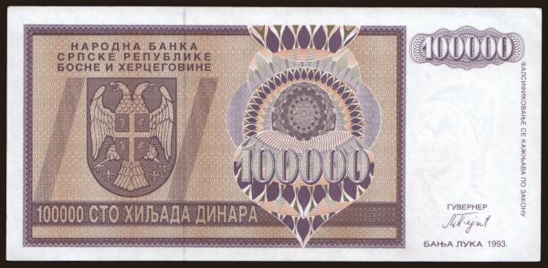 Európa, Bosnia-Hercegovina: RSBH, 100.000 dinara, 1993