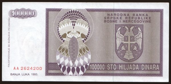 Európa, Bosnia-Hercegovina: RSBH, 100.000 dinara, 1993