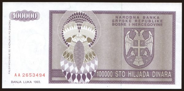 Európa, Bosnia-Hercegovina: RSBH, 100.000 dinara, 1993