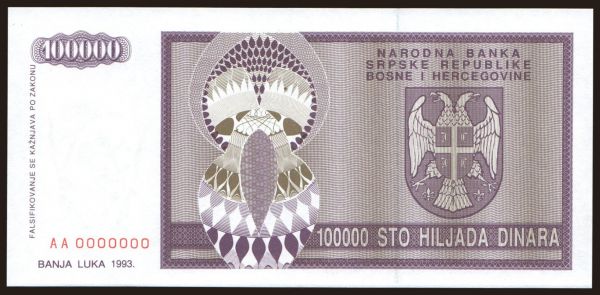 Európa, Bosnia-Hercegovina: RSBH, 100.000 dinara, 1993