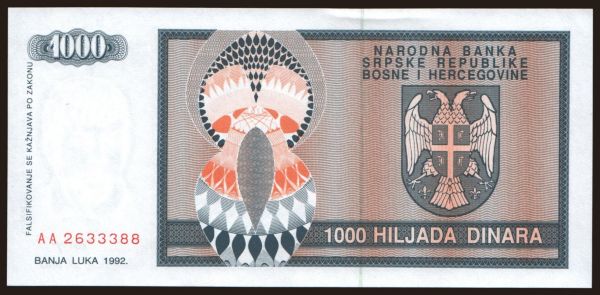 Európa, Bosnia-Hercegovina: RSBH, 1000 dinara, 1992