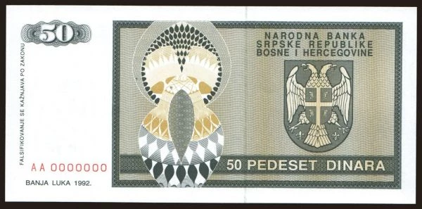 Európa, Bosnia-Hercegovina: RSBH, 50 dinara, 1992