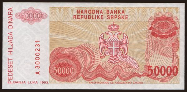 Európa, Bosnia-Hercegovina: RSBH, 50.000 dinara, 1993