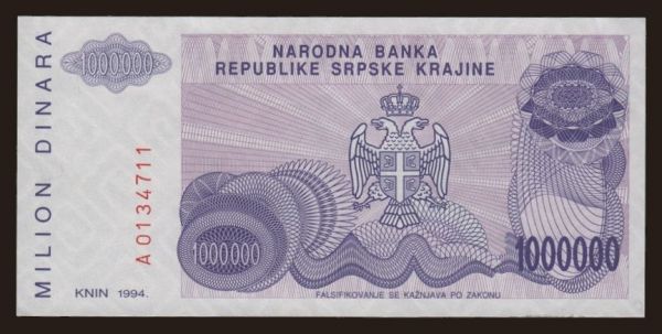 Európa, Horvátország: RSK, 1.000.000 dinara, 1994