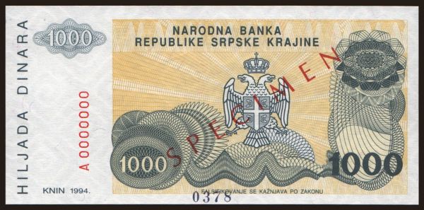 Europe, Croatia: RSK, 1000 dinara, 1994, SPECIMEN