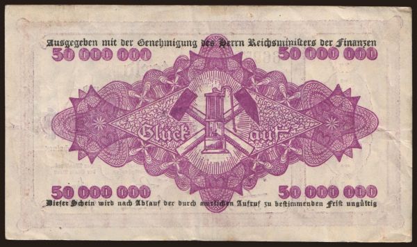 Germany, Grossgeld, Inflation, 1923: Recklinghausen/ Landkreis und Stadt gemeinsam, 50.000.000 Mark, 1923