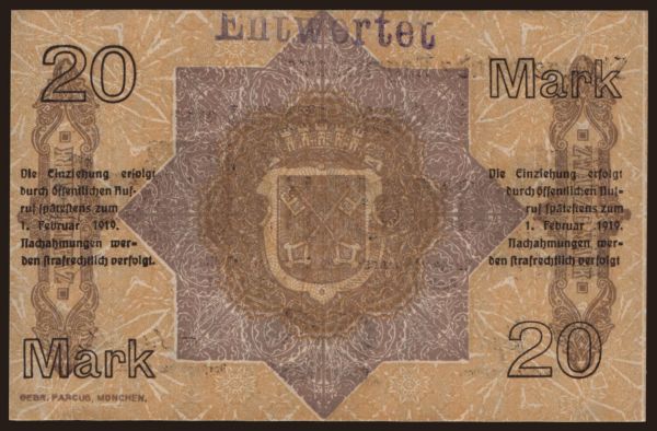 Germany, Grossgeld, Inflation, 1918-1920: Regensburg/ Stadt, 20 Mark, 1918