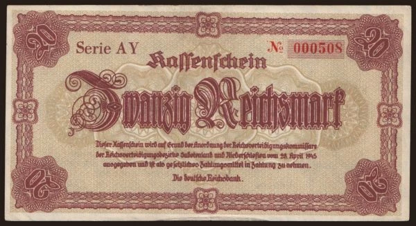 Germany, Notgeld, 1924-1948: Reichenberg, 20 Reichsmark, 1945