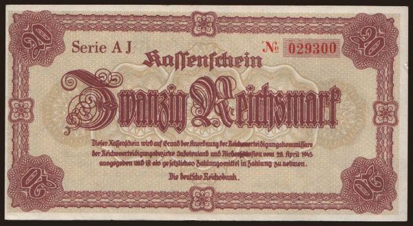 Németország, Notgeld, 1924-1948: Reichenberg, 20 Reichsmark, 1945