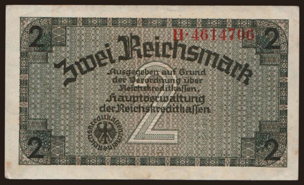 Németország, Megszállási és katonai (1939-1945): Reichskreditkassenschein, 2 Reichsmark, 1939