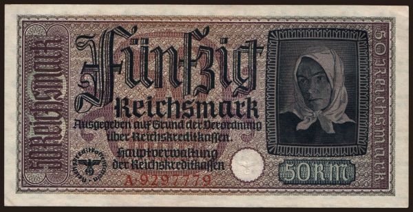 Nemecko, Okupačné & Vojenské (1939-1945): Reichskreditkassenschein, 50 Reichsmark, 1939