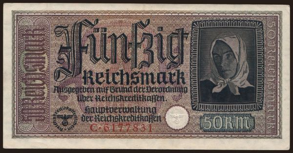 Germany, Occupation & Military (1939-1945): Reichskreditkassenschein, 50 Reichsmark, 1939