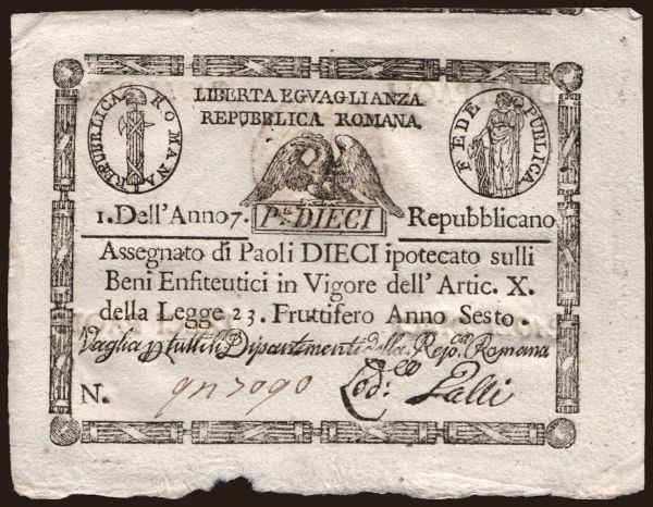 Európa, Olaszország, Olaszország - Szükségpénzek 1798-1920: Repubblica Romana, 10 paoli, 1798