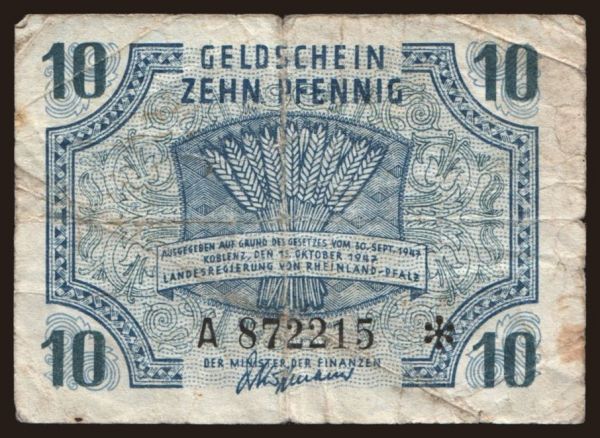 Németország, Nyugat-Németország: Rheinland-Pfalz, 10 Pfennig, 1947