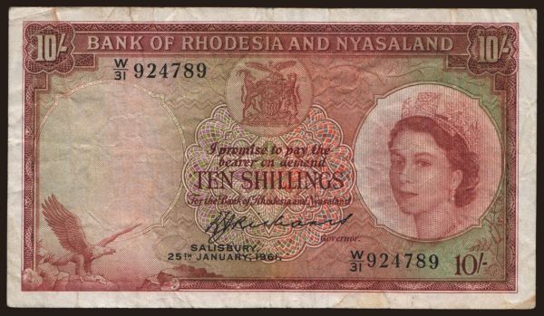 Afrika, Rhodesia: Rhodesia and Nyasaland, 10 shillings, 1961