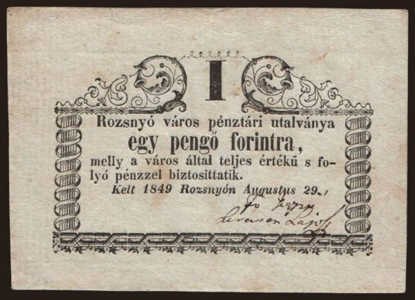 Maďarsko, Lokálne vydania, 1848-1860: Rozsnyó, 1 forint, 1849