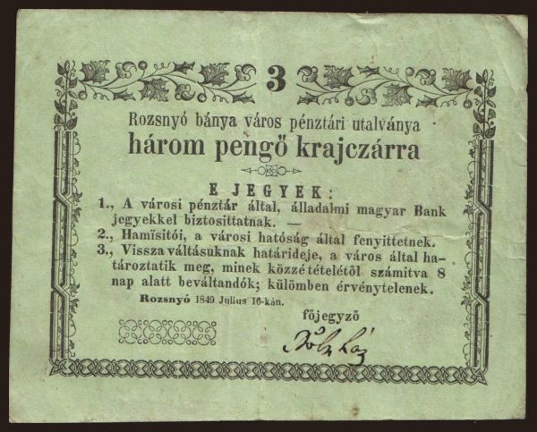 Hungary, Local issues, 1848-1860: Rozsnyó, 3 krajcár, 1849