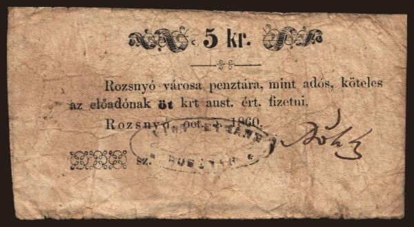 Hungary, Local issues, 1848-1860: Rozsnyó, 5 krajcár, 1860