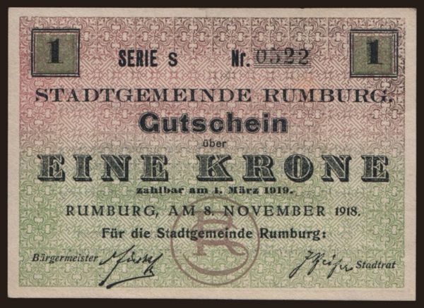 Czechoslovakia and successor states, Local issues: Rumburg, 1 Krone, 1918