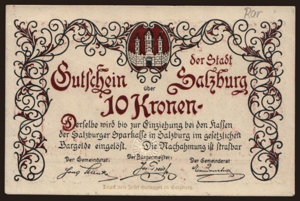 Ausztria és Osztrák-Magyar Monarchia, Notgeld - Kronen (1914-1923): Salzburg, 10 Kronen, 1920