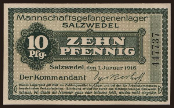 Germany, Kriegsgefangenenlager, 1915-1918: Salzwedel, 10 Pfennig, 1916