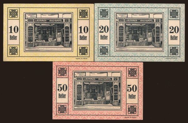 Austria and Austro-Hungary, Notgeld - Heller, Firmen (1918-1923): Sankt Pölten/ Lederhaus Hugo Hampel, 10, 20, 50 Heller, 1920