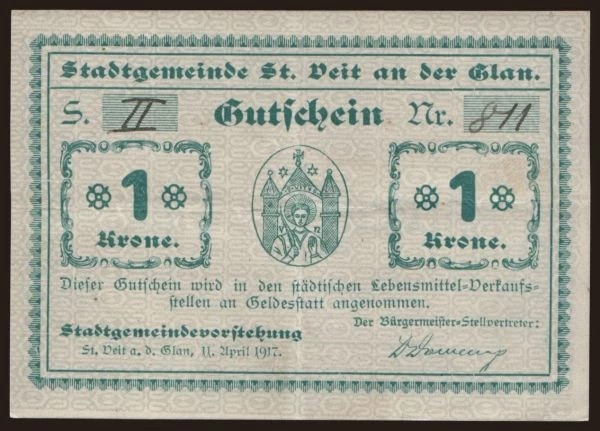 Austria and Austro-Hungary, Notgeld - Kronen (1914-1923): Sankt Veit an der Glan, 1 Krone, 1917