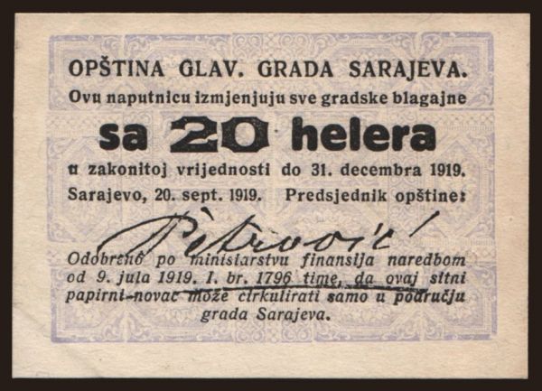 Európa, Juhoslávia, Juhoslávia - Núdzovky: Sarajevo, 20 helera, 1919