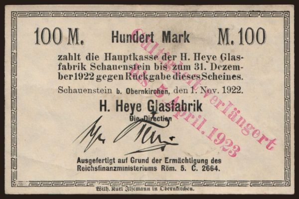 Nemecko, Grossgeld, Inflation, 1922: Schauenstein/ H. Heye Glasfabrik, 100 Mark, 1922