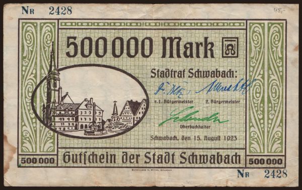 Nemecko, Grossgeld, Inflation, 1923: Schwabach/ Stadt, 500.000 Mark, 1923