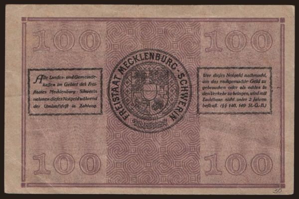 Németország, Grossgeld, Inflation, 1922: Schwerin/ Mecklenburg-Schwerinsches Staatsministerium, 100 Mark, 1922