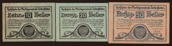 Ausztria és Osztrák-Magyar Monarchia, Notgeld - Heller, települések (1918-1923): Seitenstetten, 10, 20, 50 Heller, 1920