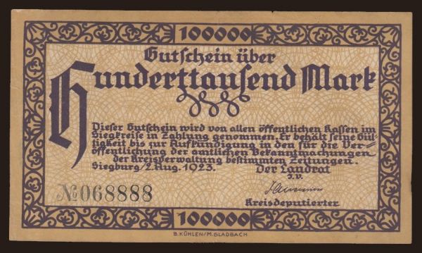 Germany, Grossgeld, Inflation, 1923: Siegburg/ Kreisverwaltung, 100.000 Mark, 1923