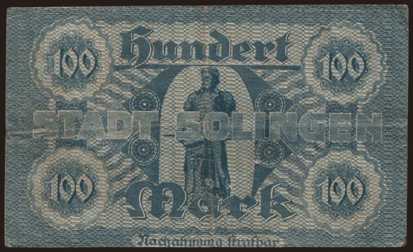 Germany, Grossgeld, Inflation, 1922: Solingen/ Stadt, 100 Mark, 1922