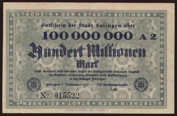 Germany, Grossgeld, Inflation, 1923: Solingen/ Stadt, 100.000.000 Mark, 1923