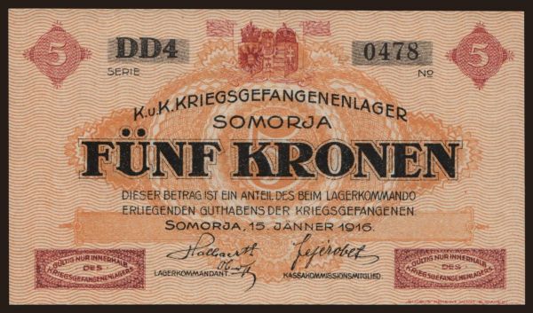 Austria and Austro-Hungary, POW Camp issues (1914-18): Somorja, 5 Kronen, 1916