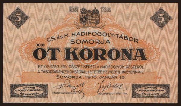 Austria and Austro-Hungary, POW Camp issues (1914-18): Somorja, 5 Kronen, 1916