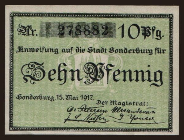 Európa, Dánsko, Dánsko - Núdzové vydania: Sonderburg (Sonderborg), 10 Pfennig, 1917