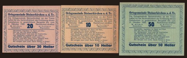 Austria and Austro-Hungary, Notgeld - Heller, Gemeinde (1918-1923): Steinerkirchen, 10, 20, 50 Heller, 1920