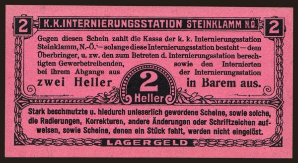 Austria and Austro-Hungary, POW Camp issues (1914-18): Steinklamm, 2 Heller, 191?