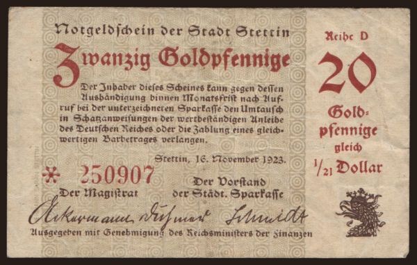 Germany, Goldmark, Goldpfennig, Dollar 1923: Stettin/ Stadt, 20 Goldpfennig, 1923