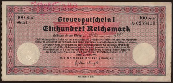 Nemecko, Rôzne: Steuergutschein, 100 Reichsmark, 1940