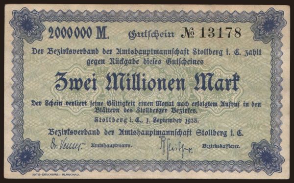 Németország, Grossgeld, Inflation, 1923: Stollberg/ Bezirksverband der Amtshauptmannschaft, 2.000.000 Mark, 1923