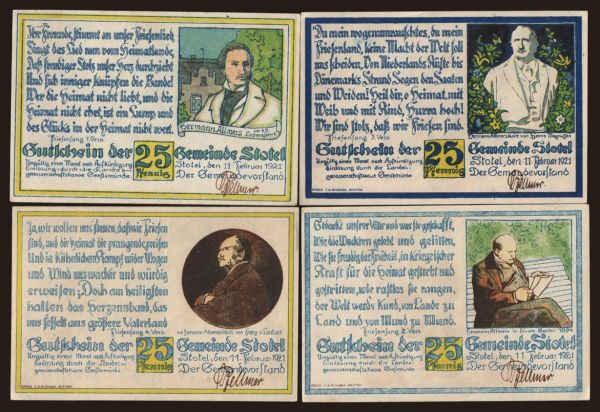 Germany, Serienscheine, 1921-1922: Stotel, 4x 25 Pfennig, 1921