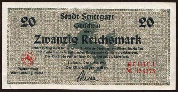 Germany, Notgeld, 1924-1948: Stuttgart, 20 Reichsmark, 1945