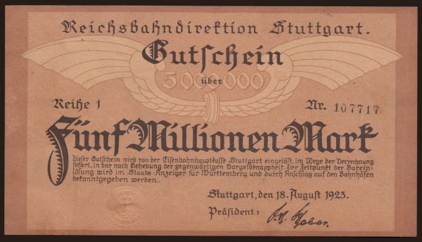 Germany, Deutsche Reichsbahn / Reichspost: Stuttgart, 5.000.000 Mark, 1923