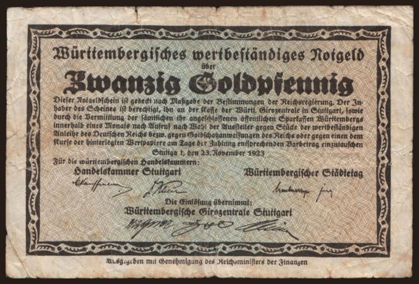 Nemecko, Goldmark, Goldpfennig, Dollar 1923: Stuttgart/ Handelskammer, 20 Goldpfennig, 1923