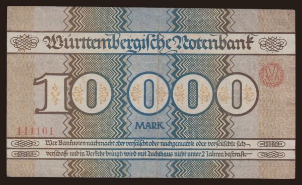 Germany, Grossgeld, Inflation, 1923: Stuttgart/ Württembergische Notenbank, 10.000 Mark, 1923